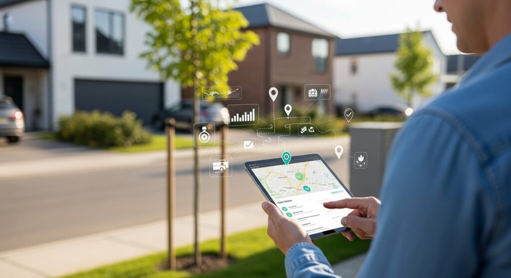 Field worker reviewing map-based tasks and location data on a tablet