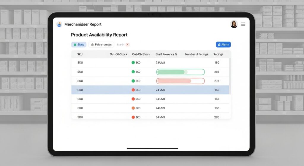 Merchandiser Product Availability Report dashboard showing SKU stock status, shelf presence percentage, and number of facings.