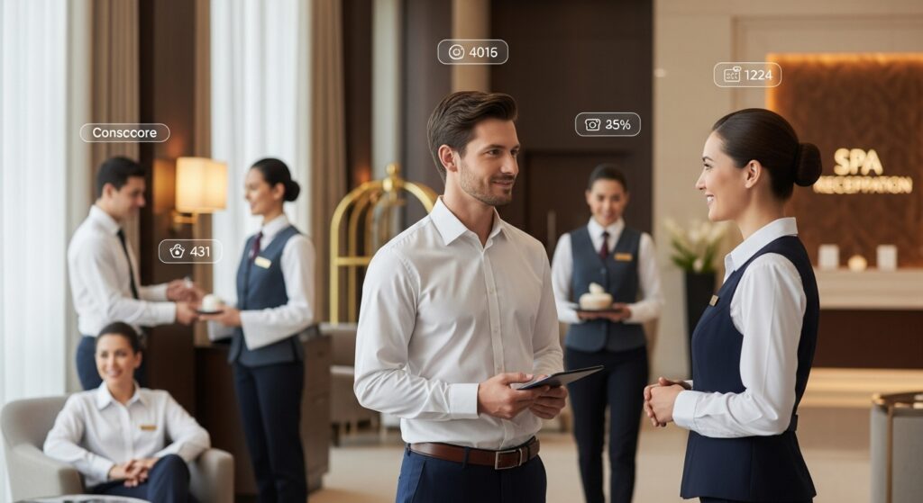 Mystery guest interacting with hotel staff in a luxury hotel lobby while service quality is subtly evaluated through real-time audit indicators.