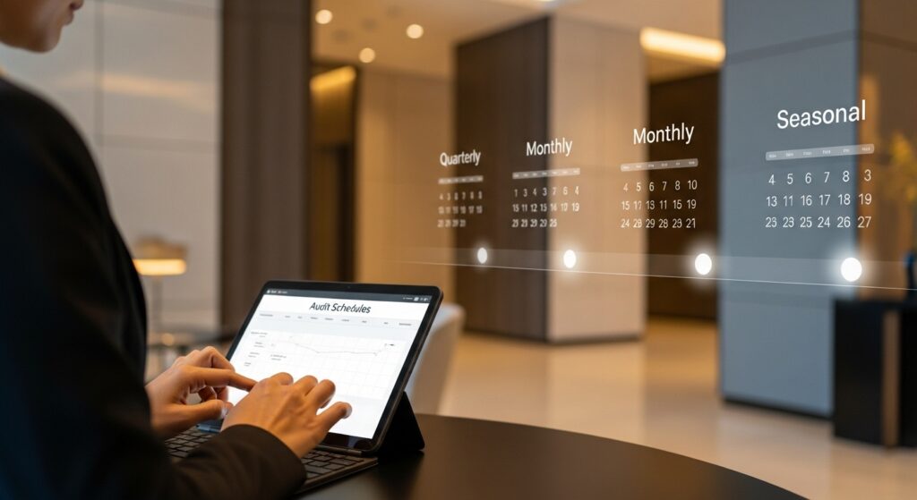 Hotel manager planning mystery audit schedules using digital tools to manage monthly, quarterly, and seasonal evaluations.