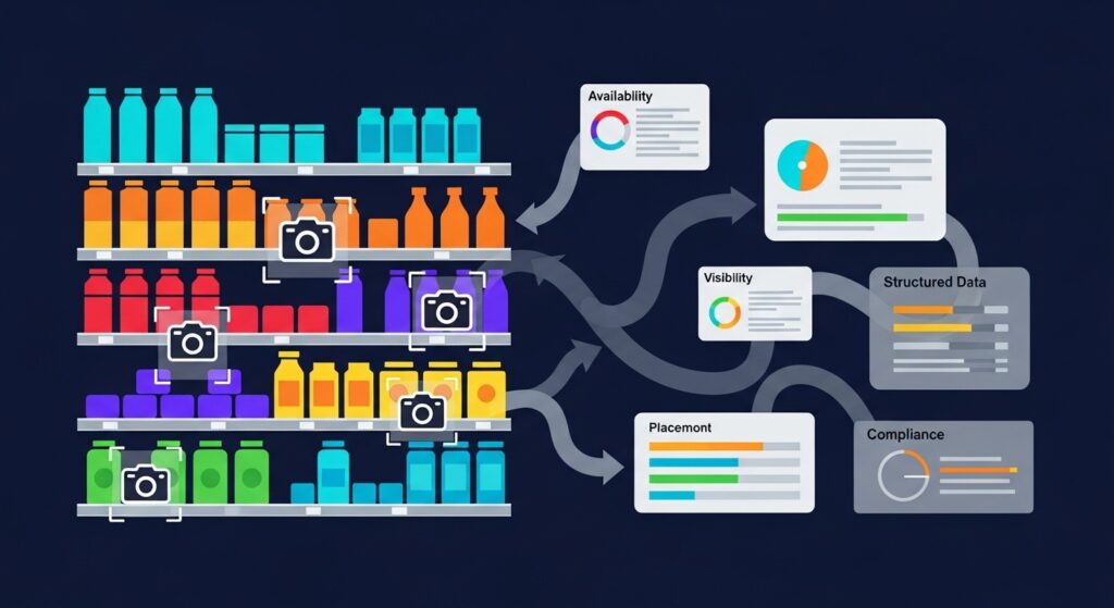 Yapay zekâ destekli görüntü tanımanın mağaza raflarını analiz ederek ürün bulunurluğu, görünürlük, yerleşim ve uyumu yapılandırılmış veriye dönüştürmesi.