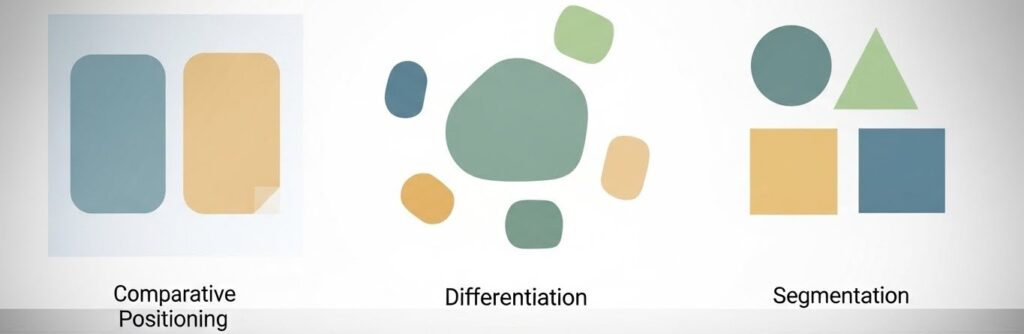 Simple geometric shapes representing three classic product market positioning approaches—comparative positioning, differentiation, and segmentation—visualized as clean abstract groups within a subtle store aisle atmosphere.