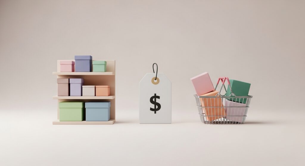 Minimal retail scene showing product shelf, price tag with dollar symbol, and shopping basket representing the foundation of a merchandising strategy.