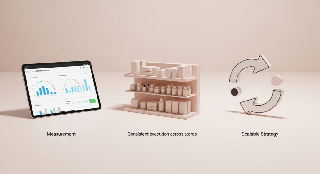 Minimal illustration showing analytics dashboard, retail shelf execution, and circular arrows representing measurement and scalability in a merchandising strategy.
