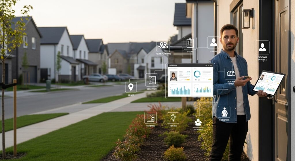 Door-to-door sales representative using mobile and tablet devices to review field sales data at a residential doorstep