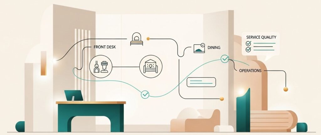 Abstract illustration showing hotel service touchpoints connected through quality checks and operational flow.