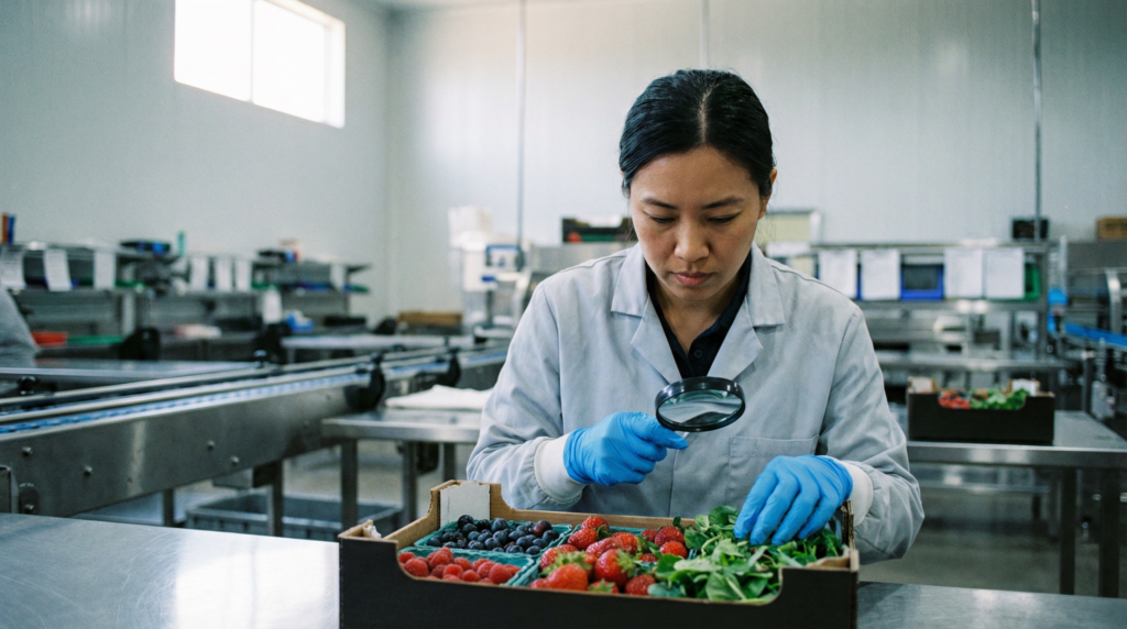 Quality control specialist inspecting fresh produce in a food processing facility to ensure food safety and quality standards