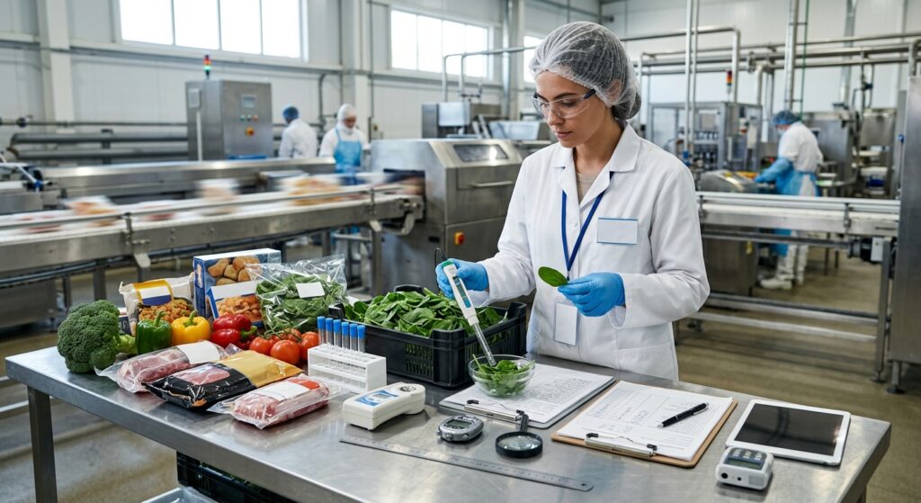 Food quality inspection in a production facility with a technician testing fresh products for safety and compliance