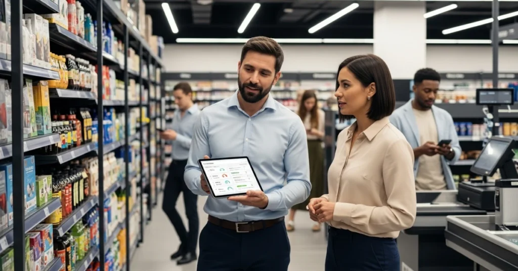 Store manager reviewing real-time retail operations data on a tablet while staff and customers interact across a modern grocery store aisle.