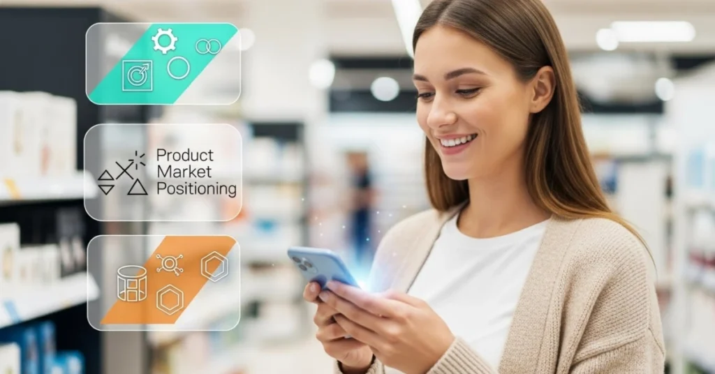 Mağaza reyonunda akıllı telefonunu kontrol eden, gerçekçi bir müşteri olarak görünen güler yüzlü genç bir kadın; QR promosyonlarını, anında dijital kuponları ve sadakat ödüllerini simgeleyen renkli, hologram tarzı paneller net geometrik ikonlar ve dengeli bir yerleşimle görselleştiriliyor.