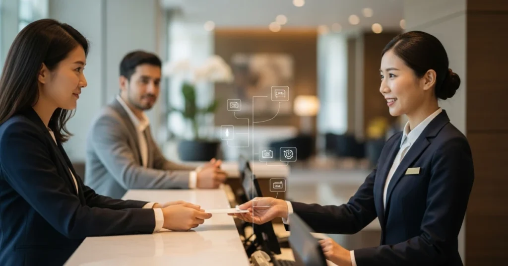 Hotel front desk interaction showing a guest checking in while service quality is subtly evaluated through digital audit indicators.