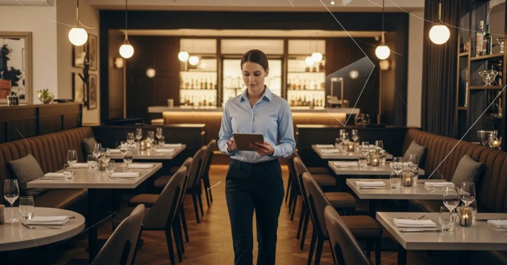 Modern ve şık bir restoranın servis alanında tabletle denetim yapan profesyonel bir denetçi