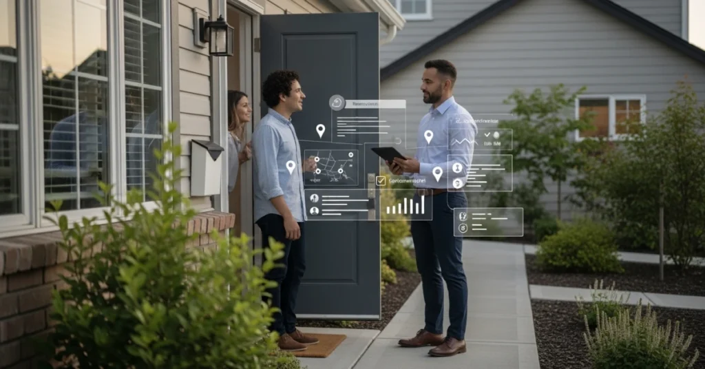 Tablet kullanarak ev sahipleriyle kapı önünde görüşme yapan saha satış temsilcisi