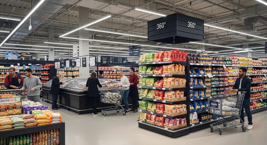 Bright modern supermarket aisle with shoppers and organized product shelves, showcasing point of purchase placement and prominent End-Cap Displays driving product visibility.
