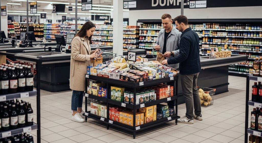 Shoppers examining products displayed in point of purchase dump bins at a supermarket, highlighting impulse-buy merchandising and in-store product visibility.