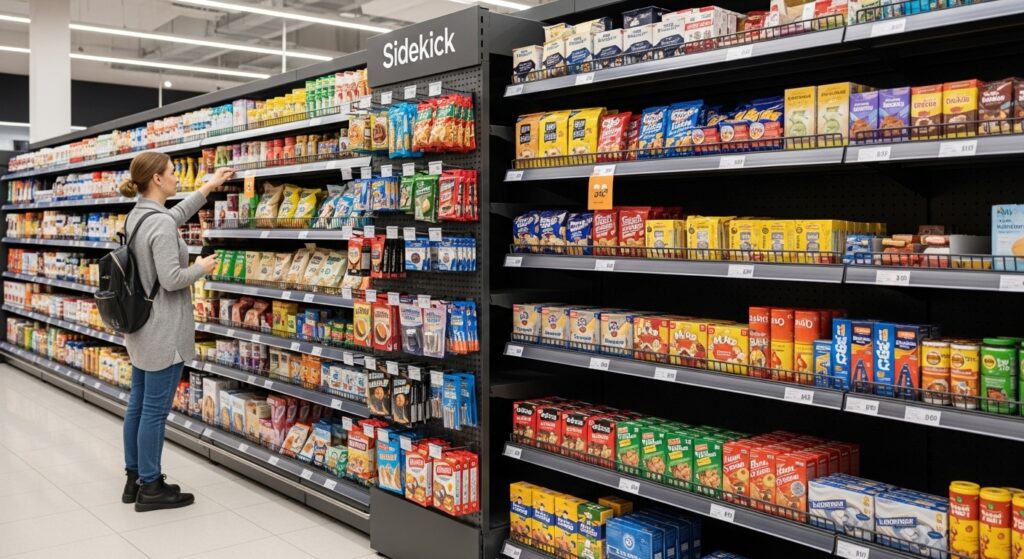 Shopper choosing packaged snacks from a supermarket shelf positioned near point of purchase Sidekick / Power Wing Displays , highlighting in-aisle merchandising and product visibility.