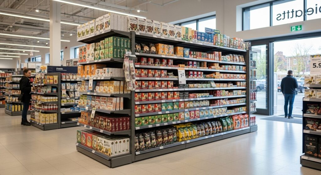 Supermarket aisle featuring product shelves and point of purchase Free-Standing Displays positioned to attract shopper attention and improve in-store product visibility.