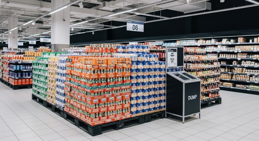 Large supermarket stack of packaged beverages arranged on point of purchase Pallet Displays to maximize visibility and attract shopper attention in a high-traffic retail area.