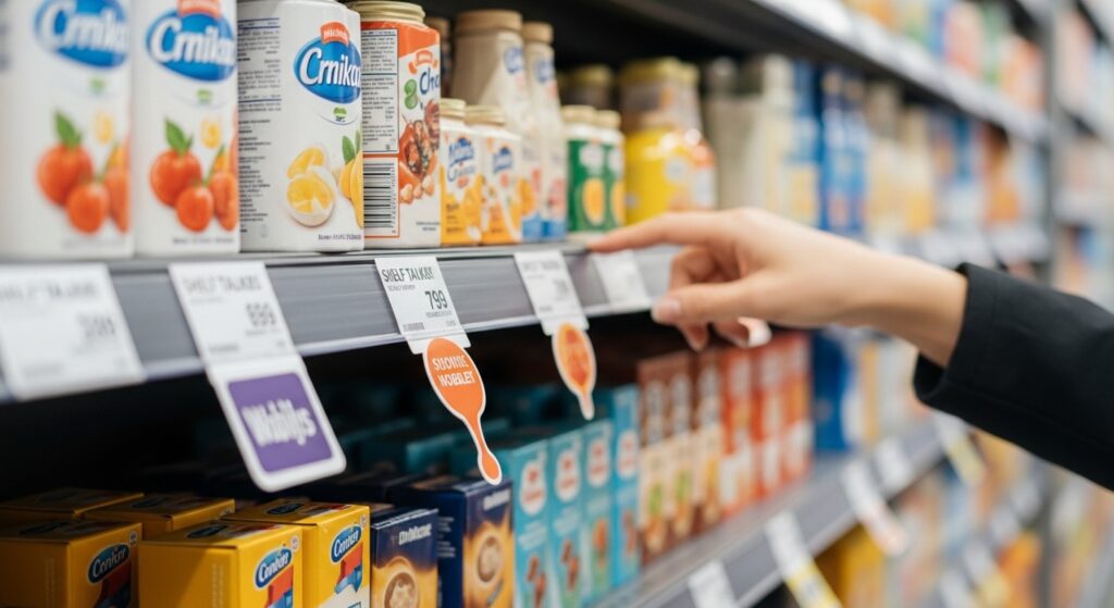 Close-up of a shopper pointing at price labels and promotional tags using point of purchase Shelf Talkers & Wobblers on a retail shelf to highlight product visibility and in-store promotion.