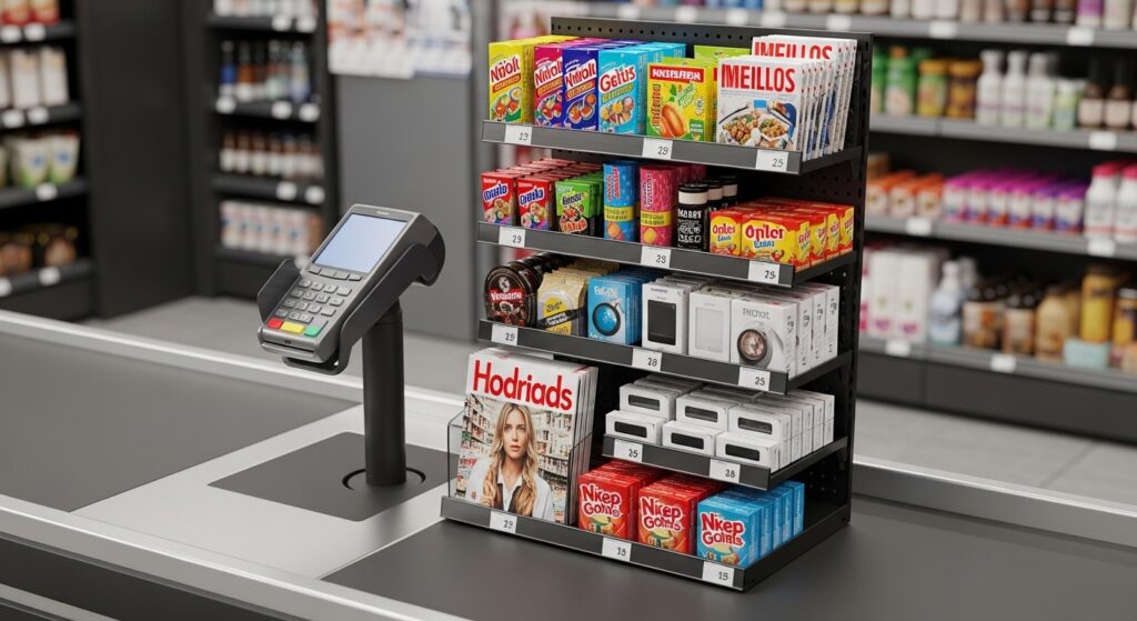 Close-up of a shopper interacting with products and price tags near point of purchase Checkout & Counter Displays, highlighting last-moment merchandising and in-store purchase influence.