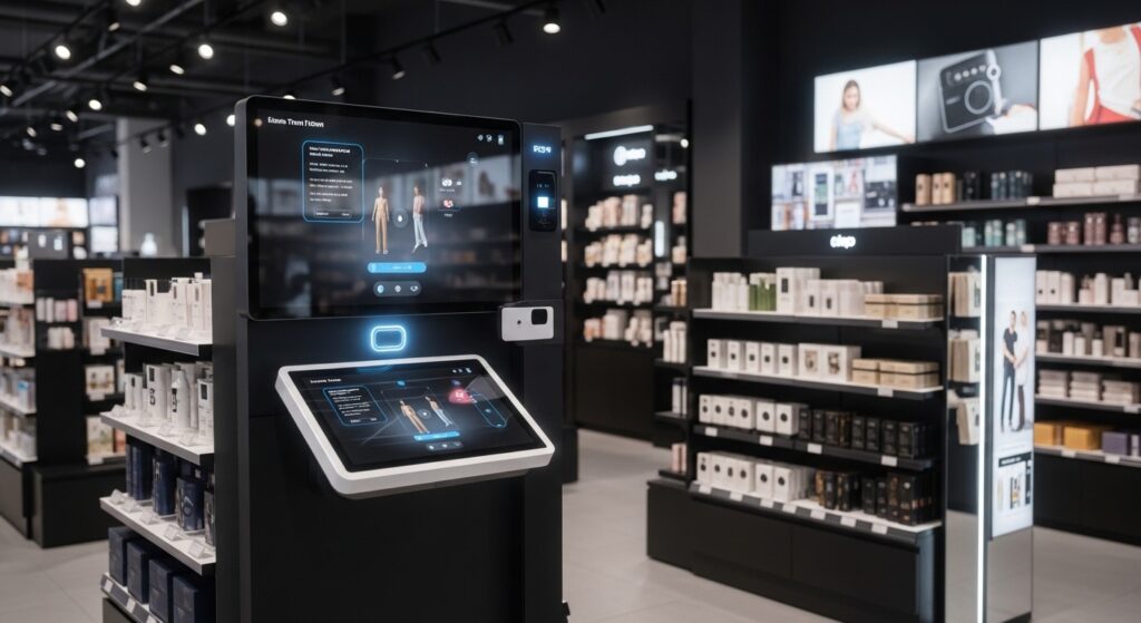 Interactive retail kiosk with touchscreen technology showcasing products through point of purchase Digital & Interactive Displays, enhancing shopper engagement and in-store digital experience.