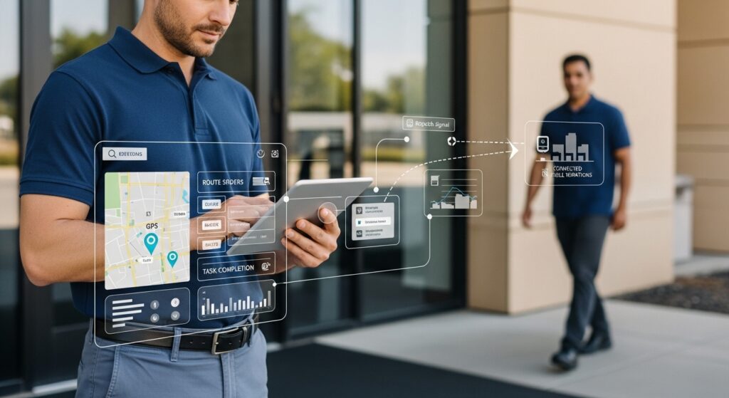 Professional using a tablet with digital dashboard and real-time tracking interface representing Franchise Field-Service Management Tools in modern mobile operations.