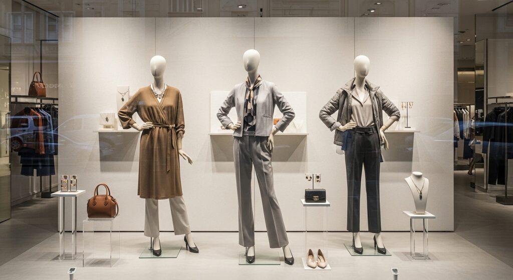 Modern moda mağazası vitrin düzeni, dengeli ürün yerleşimi ve güçlü görsel sunum ile profesyonel visual merchandising örneği