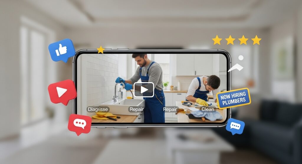 Mobile-first plumber advertising showing plumbing repair video content with social media engagement icons and hiring message for local plumbing services.