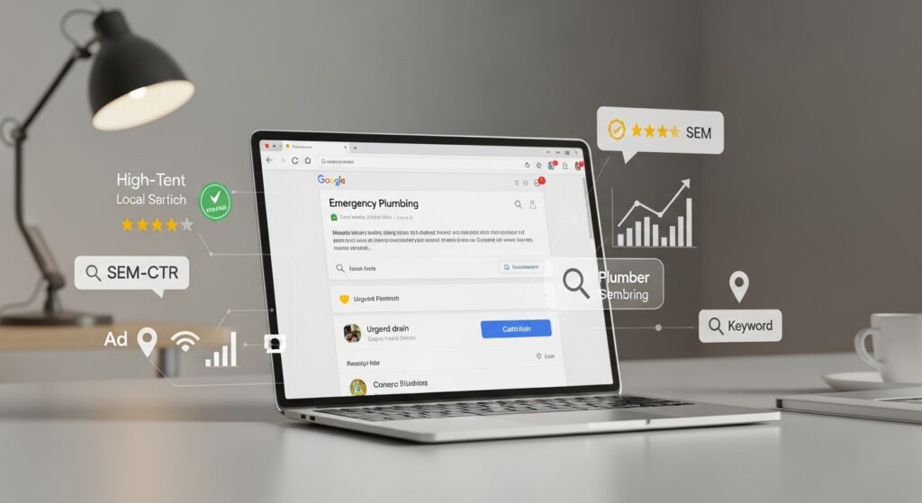 Laptop showing Google search results and SEM metrics dashboard illustrating plumber advertising performance, keyword targeting, and high-intent local search conversion signals.