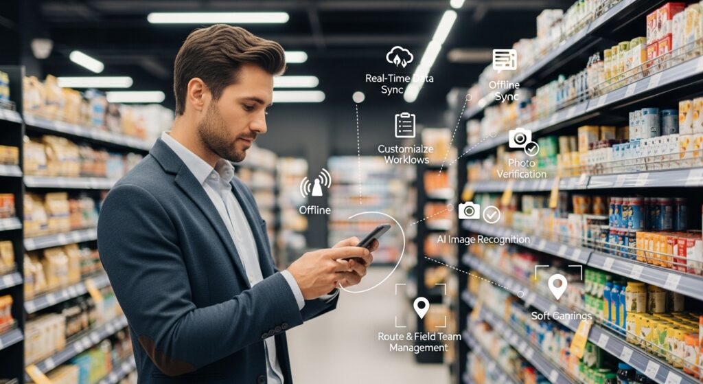 Field representative using a smartphone in-store while a mobile retail execution solution monitors shelf compliance, real-time data, and store execution.