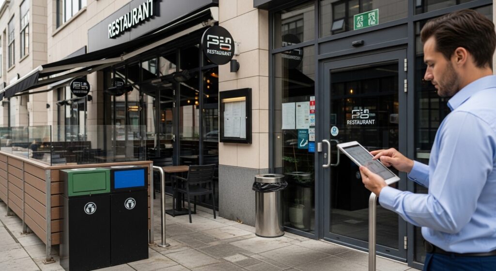 Professional inspector performing restaurant exterior inspections using a tablet in front of a clean and compliant restaurant entrance with outdoor dining and waste management area.