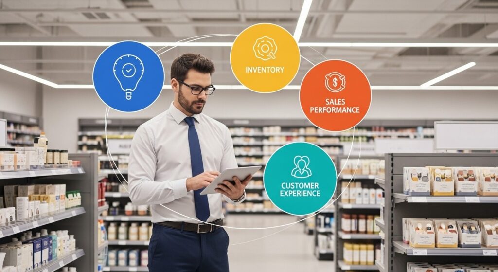 A modern retail store scene with a manager reviewing store performance on a tablet, surrounded by three colorful graphic circles representing inventory, sales, and customer experience, illustrating the use of merchandising solutions to optimize product placement and store operations.