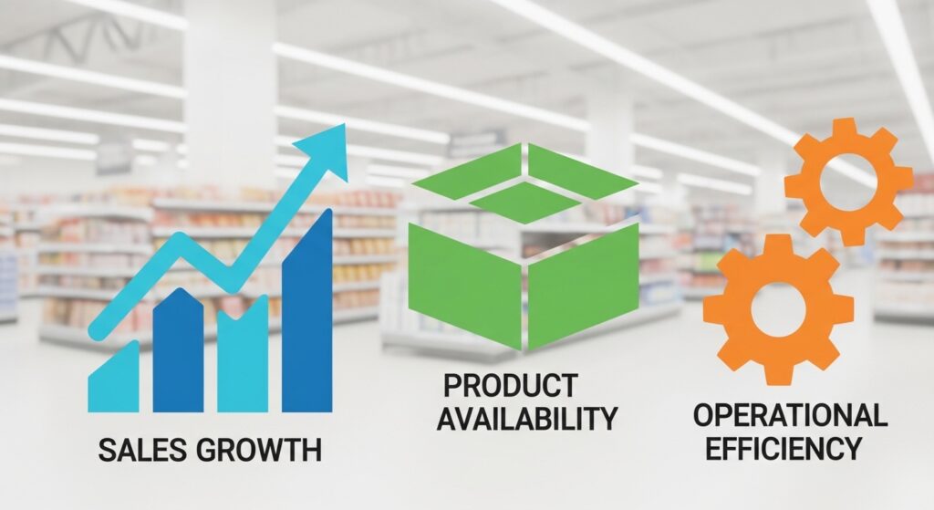 Image recognition for retail concept showing sales growth, product availability, and operational efficiency icons over a blurred supermarket background.