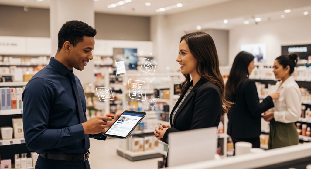Customer engagement retail store scenario showing a sales associate using a tablet to deliver personalized recommendations to a shopper inside a modern retail environment.