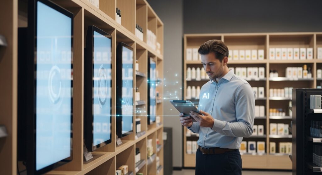 Professional retail specialist using a tablet to analyze product displays and digital shelves powered by AI-driven merchandising solutions in a modern retail environment.