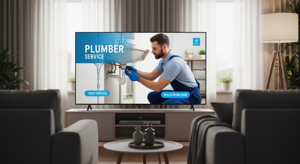 Modern living room television displaying a plumber advertising commercial showing a professional plumber repairing a leaking sink with trust-focused messaging.
