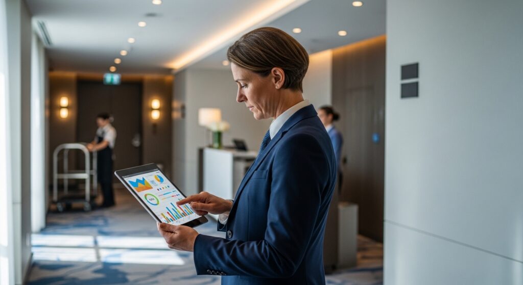 Tablet üzerinden performans verilerini inceleyen yönetici ile otel denetimi sürecinde operasyon ve kalite metriklerinin dijital olarak analiz edilmesi.