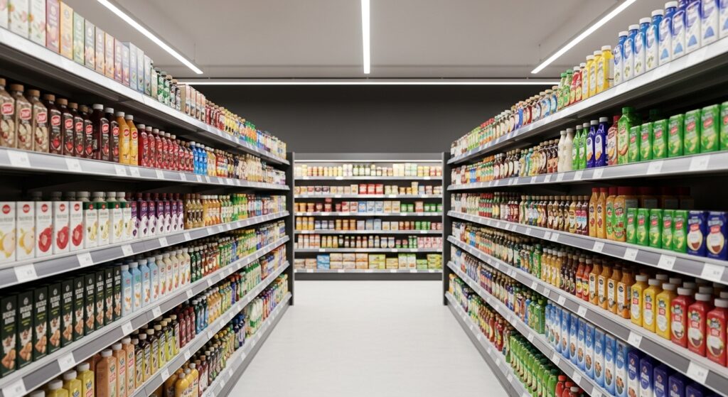 FMCG süpermarket raf düzeni, göz hizasında konumlandırılmış ürünlerle düzenli ve planogram uyumlu mağaza sergileme örneği