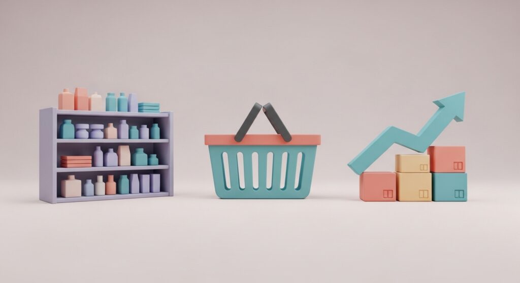 Raf düzeni, alışveriş sepeti ve yükselen satış okunu temsil eden semboller ile perakende yönetimi ve satış performansını gösteren minimal görsel.