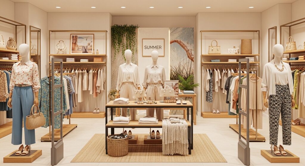 Açık tonların hâkim olduğu modern bir giyim mağazasında yaz koleksiyonunu sergileyen mankenler, düzenli raflar ve ortada ürünlerin yer aldığı bir sergileme alanı görülüyor.