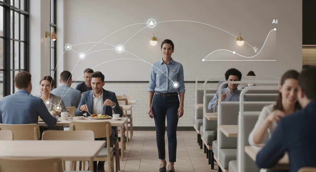 Restaurant franchise environment showing staff and customers while franchise tools powered by AI & Automation Tools for Modern Franchise Operations enable optimized performance, demand forecasting, and standardized operations across locations.