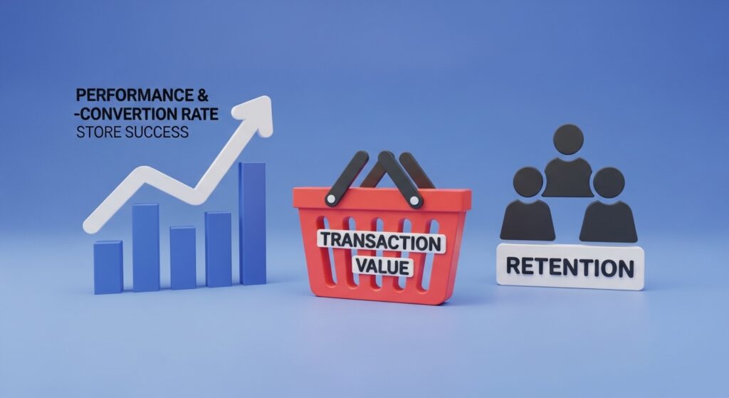 Minimal illustration showing performance chart, transaction value basket, and customer retention icons representing key retail metrics that drive store success.