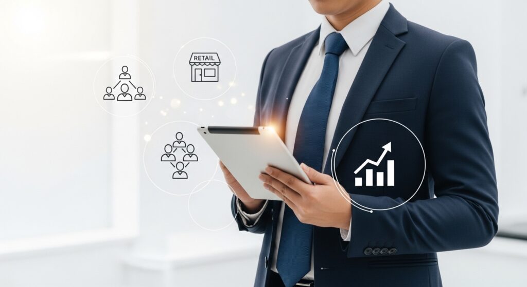 Business professional holding a tablet with retail teamwork and growth icons, representing employee ownership and leadership driving store success.