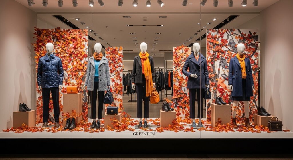 Sonbahar temalı, güçlü renk kullanımıyla hazırlanmış moda mağazası vitrin düzeni ve sezonluk görsel merchandising örneği