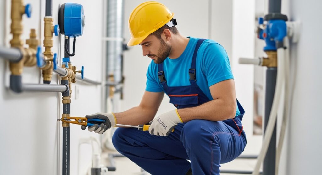 Professional plumber performing pipe installation and maintenance work demonstrating real-world plumbing qualifications in a modern jobsite environment