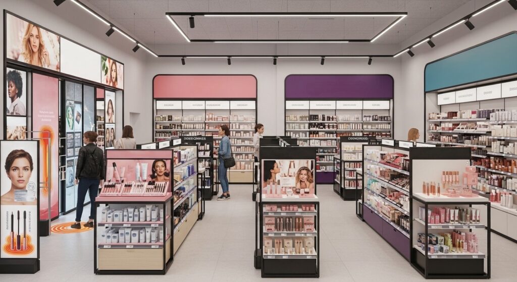 Modern beauty store interior showcasing strategic planograms and layout for beauty merchandising, with clearly zoned skincare, makeup, and fragrance sections, eye-level product placement, cross-merchandising displays, and shopper flow guidance