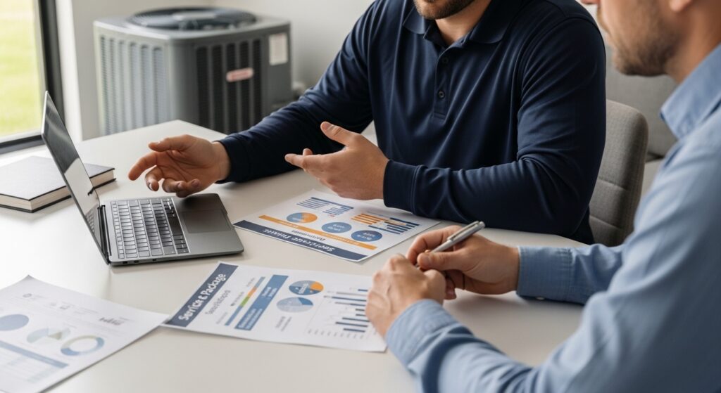 Professionals reviewing pricing documents and service packages while discussing an HVAC contract in a modern office setting.