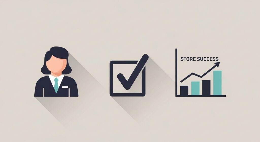 Minimal illustration showing a frontline employee icon, decision checkmark, and performance growth chart representing empowered teams driving store success.