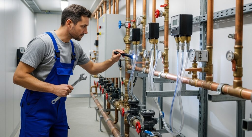 Professional plumber inspecting industrial pipe system while demonstrating practical skills required for plumbing qualifications in a mechanical room.