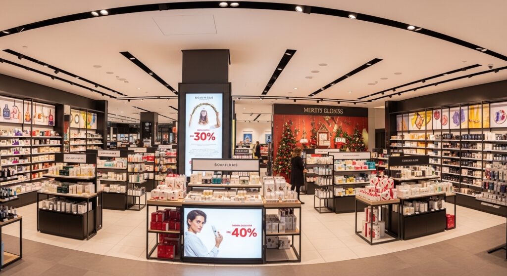 Modern retail store visual merchandising with organized product displays, eye-level placement, seasonal promotion area, and premium in-store layout designed to boost retail sales